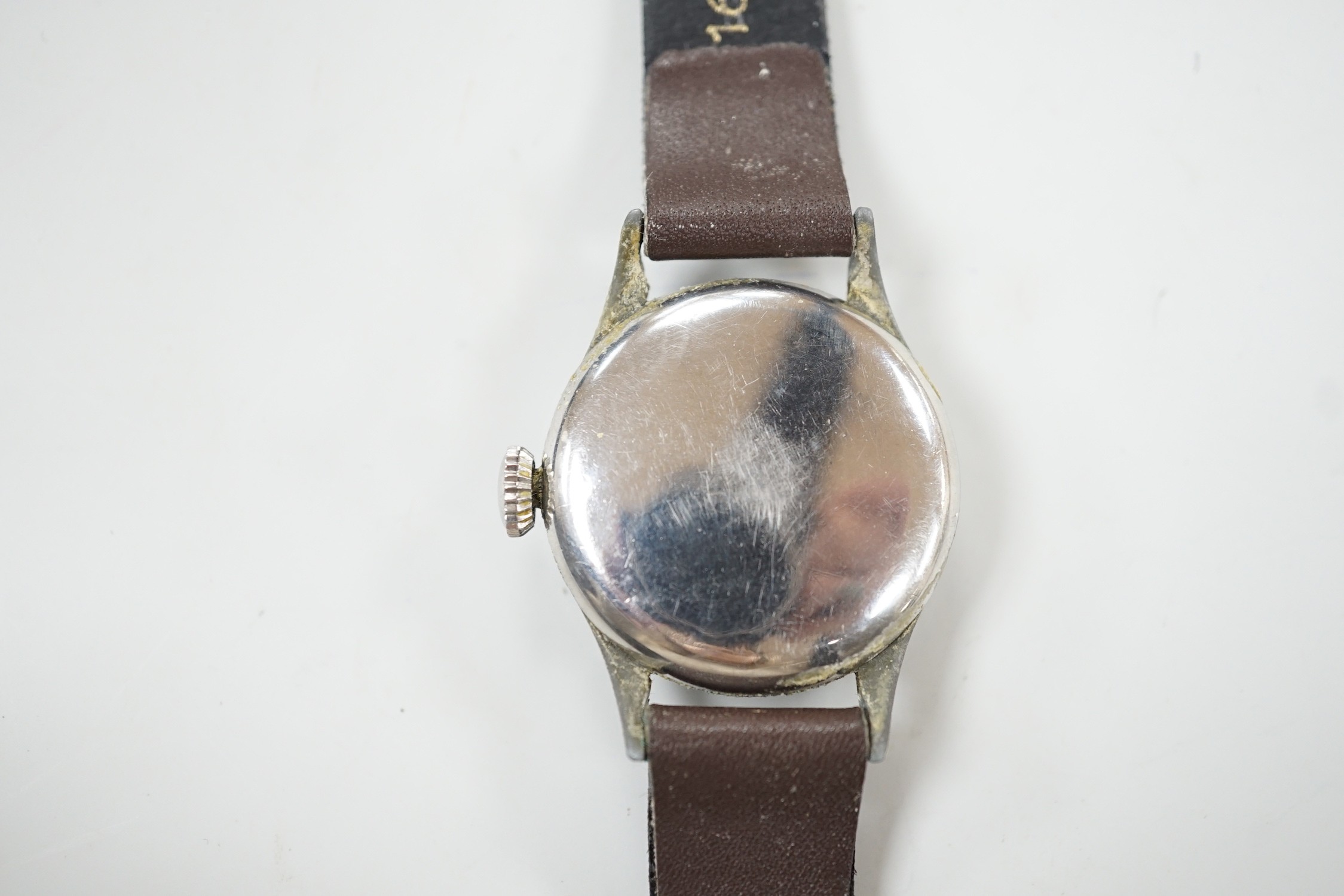 A gentleman's 1940's? steel Longines manual wind wrist watch, movement c.12.68N, case diameter 32mm, on later leather strap.